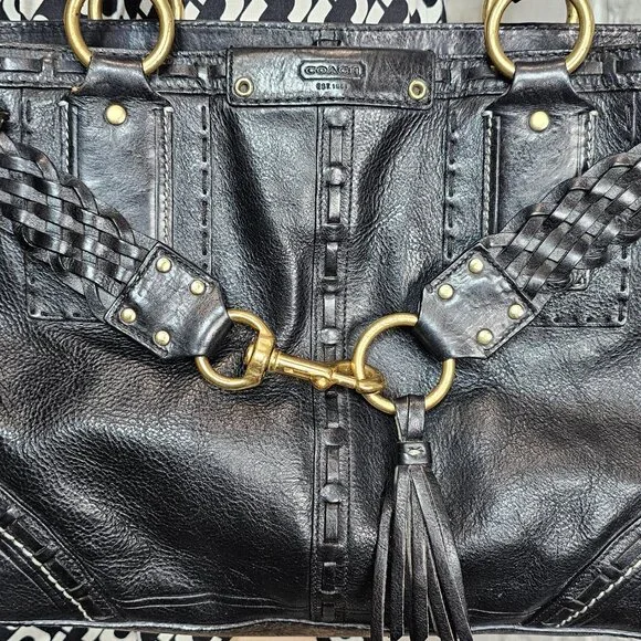 Coach Hamptons Leather Shoulder Bag Black Braided Strap Tassel Vintage - Picture 3 of 16